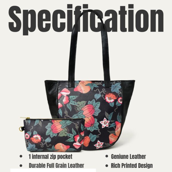 ADYAN Handmade Full Grain Veg Tan Soft Cow Leather Floral Printed Shoulder Tote Bag for Women (Black) - Image 4