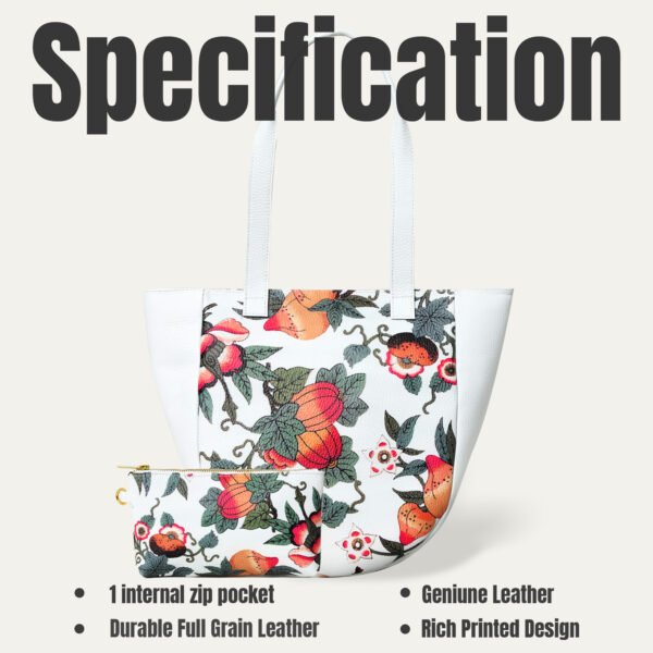 ADYAN Handmade Full Grain Veg Tan Soft Cow Leather Floral Printed Shoulder Tote Bag for Women (White) - Image 4